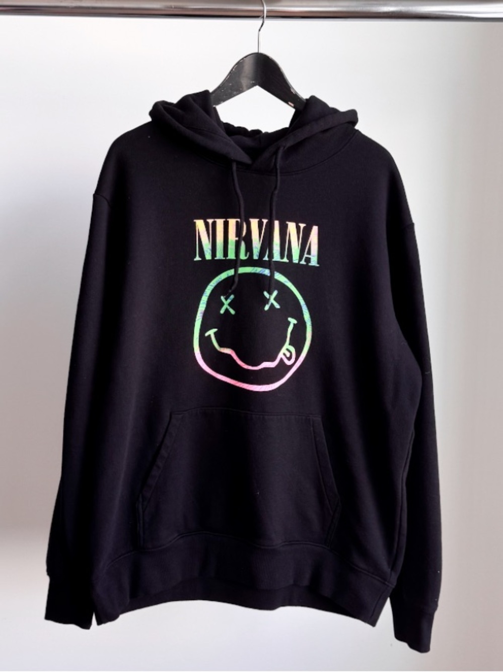 H&M Divided Nirvana Graphic Hoodie Black Neon Ombre Smiley Face Pullover L